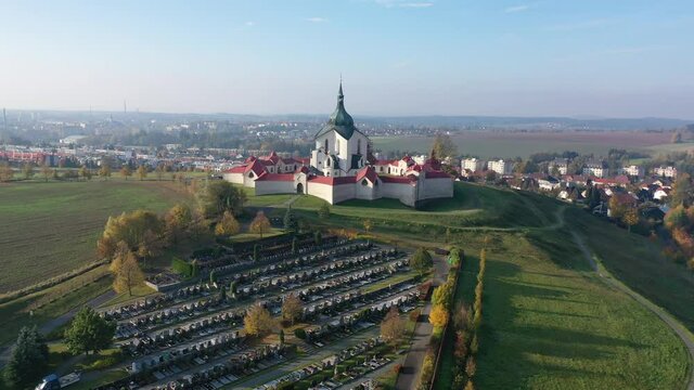 Picturesque aerial view of Czech Zdar nad Sazavou cityscape with Church of Saint John of Nepomuk at sunny fall day
