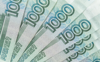 Background of One thousand russian rubles banknotes close-up