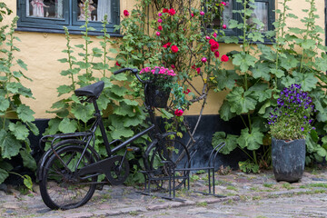 Fototapeta na wymiar Classic bicycle standing next to the wall. Bicycle leaned on the wall. Basket on the bicycle.