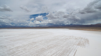 Salt mines. Aerial view of the natural salt flat, Salinas Grandes, in Jujuy, Argentina. 