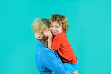 Happy father's day. Dad hugs with son. Family time. Dad and son. Good relationships. Parentship concept.