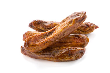 Dried bananas on white background