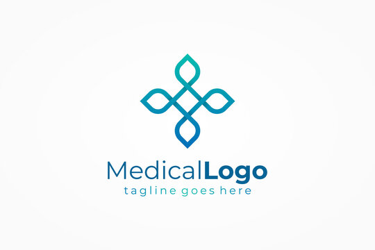 Healthcare Medical Logo. Blue Green Geometric Linear Infinity Style Cross and leaves icon combination isolated on White Background. Flat Vector Logo Design Template Element