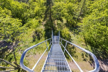Close up view of top down view of metal stairs to slalom mountain on beautiful summer day. Sweden. Europe.