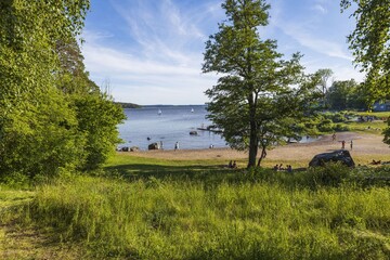 Fototapeta na wymiar Beautiful nature landscape view. People on lake coast on beautiful sunny summer day. Sweden. Europe.