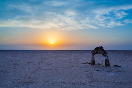 Beautiful sunrise on the salt lake of Chott el Djerid