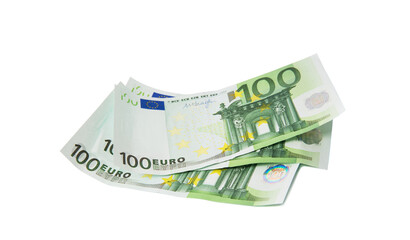 One hundred euro banknotes on white background