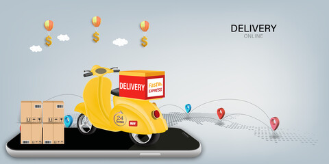 Obraz premium Fast delivery by scooter on mobile. E-commerce online concept. Online food order infographic. Webpage, app design. vector illustration.