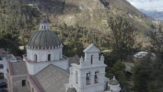 Aerial view Church Of Guapulo Quito late in the evening. Drone.