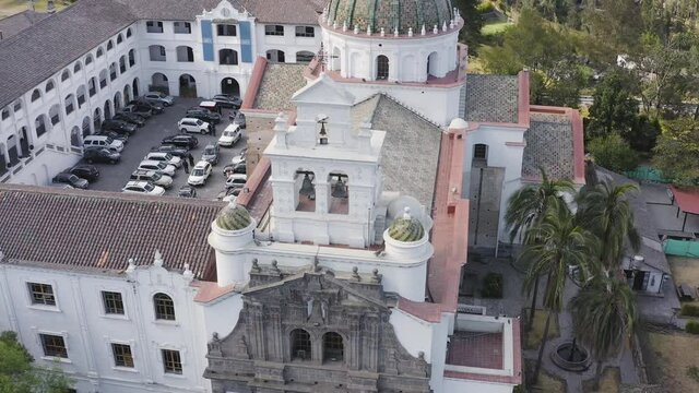 Church Of Guapulo Quito late in the evening. Guapulo Neighborhood In Quito Ecuador. Aerial view Drone.
