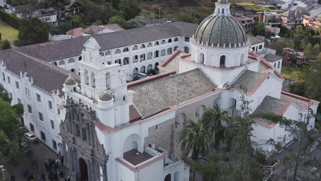 Guapulo church after a religious ceremony wedding on Sunday, Quito Ecuador. Aerial View Drone