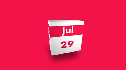 July day 29th calendar. Day 29h of month. 3d cube video animation