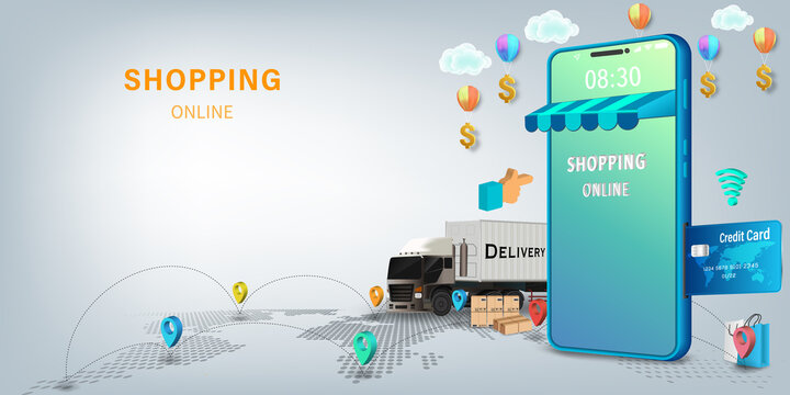 Shopping Online service concept, mobile online order tracking,Delivery home and office. City logistics. Warehouse, truck, forklift, courier. vector illustration.