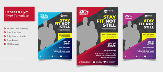 creative clean fitness and gym flyer template with blue red pink gradient color variation