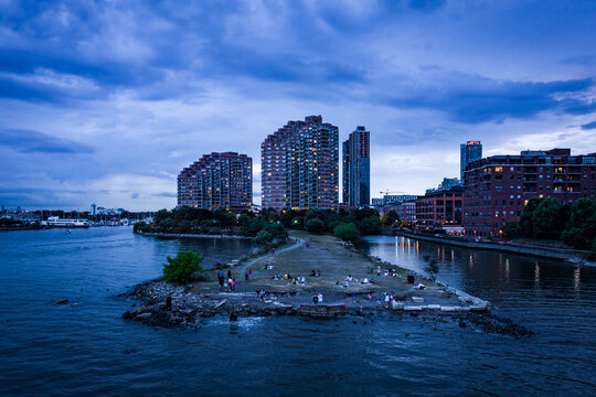 Jersey City With Morris Canal Park At Sunset. 