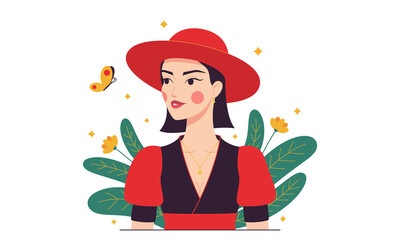 Fashion woman with red hat, minimalist style. Cartoon Lady in red with butterfly in the garden