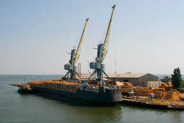 Fototapeta premium Loading a dry cargo ship with wood at the port
