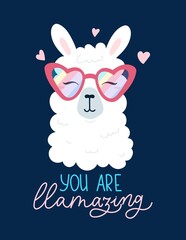 You are llamazing adorable card with alpaca and lettering. Cute llama wearing heart shaped sunglasses on blue background. Print, poster, card or banner template. Vector illustration © mitoria