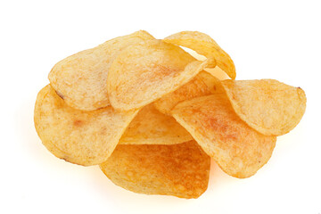 Classic potato chips. Fast food snack isolated on white background. A pile of crispy chips close-up as a background. Unhealthy food. Full depth of field.