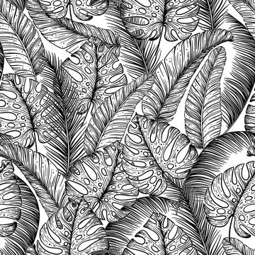 Tropical palm leaves seamless pattern. Vector illustration leaves of palm. Jungle pattern. Print on cloth template. Beautiful design for textiles.