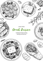 Greek cuisine top view frame. A set of greek dishes with pastitsio, keftedes, dolma, greek salad, gyros . Food menu design template. Vintage hand drawn sketch vector illustration. Engraved image.