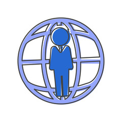Vector business icon people standing next to a worldwide network. World global leadership cartoon style on white isolated background.