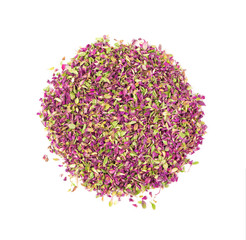 Dried thyme flowers, isolated on white background. Natural herbs - thyme. Organic tea. Top view. Close up.