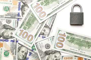 Save money. Dollar sign with padlock isolated on white. American money or us bill cash on white background.