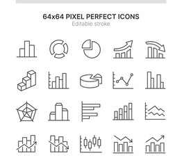 Simple Set of Icons Related to Graph. Contains such icons as Pie Chart, Candle Stick Chart, Increase - Decrease and more. Lined Style. 64x64 Pixel Perfect. Editable Stroke.
