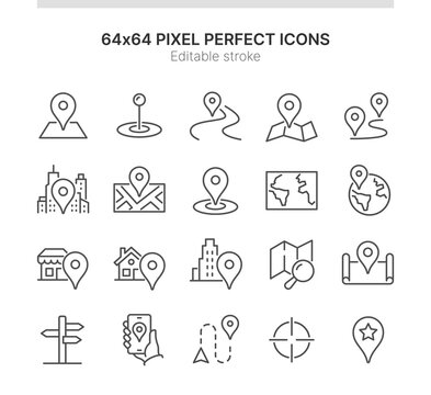 Simple Set Of Icons Related To Navigation. Contains Such Icons As Path, World Map, Store Locator And More. Lined Style. 64x64 Pixel Perfect. Editable Stroke.
