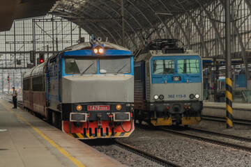 Old engine and passenger coaches in Prague main station