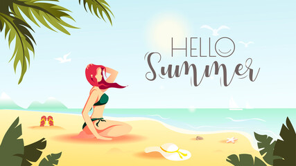 Hello Summer card design with woman sitting on the seashore sand. Vector Illustration for Beach Holidays, Summer vacation, Leisure, Recreation.