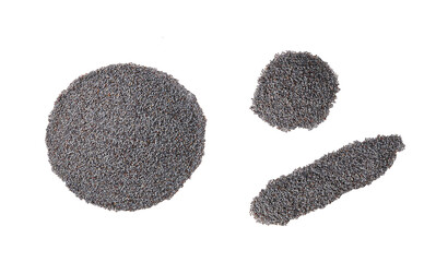 poppy seeds  isolated on a white background, top view.