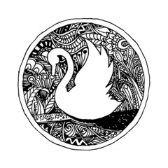 Hand drawn swan. Zentangle Art. Vector illustration. Coloring page.