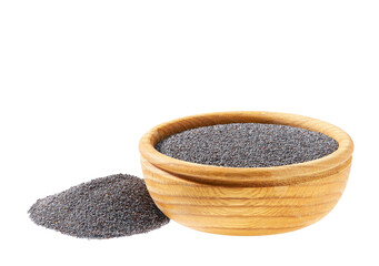 poppy seeds in a small wooden bowl  isolated on a white background.