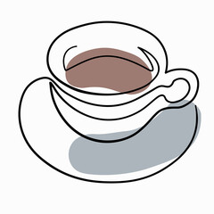 The symbolic image of a cup with coffee and saucers in a minimalist linear style. Vector illustration on a white background, isolated.