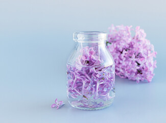 Obraz na płótnie Canvas A bottle with aromatic tincture and lilac flowers for Spa and aromatherapy. Copy space