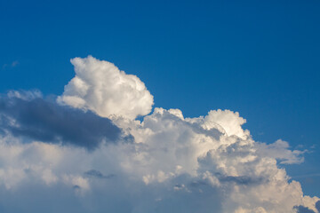 Naklejka na ściany i meble White contrasting clouds backlit by the sun on a blue summer sky. Background.