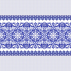Seamless vector blue stripe with floral pattern in Russian folk style Gzhel