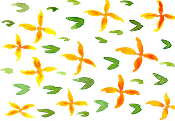 Watercolor background of yellow flowers and green leaves