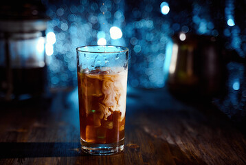 Iced coffee in a tall glass with cream poured over, ice cubes and beans on a old rustic wooden table. Blue blur background. Cold drink with tubes
