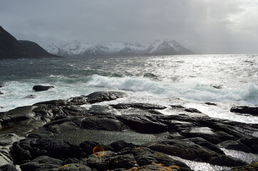 stormy windy day by the sea shore with majestic mountain in the distance on the island of Senja