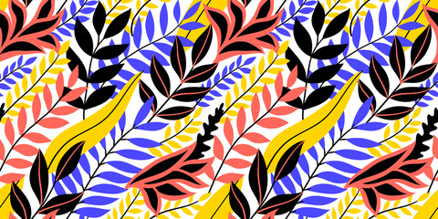 Colorful seamless floral pattern. Stylish summer background with bright tropical leaves.