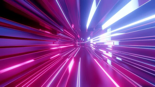 4k looped abstract high-tech tunnel with neon lights, camera flies through tunnel, purple neon lights flicker. Sci-fi background in the style of cyberpunk or high-tech future. Futuristic background 2