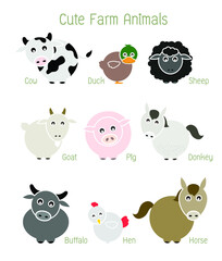 Farm Animals Set, Cow, Duck, Sheep, Goat, Pig, Donkey, Buffalo, Hen, Horse - Vector illustration