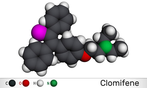 Clomifene, clomiphene, enclomifene, E-isomer molecule. It is an oral agent used to treat infertility in women. Molecular model