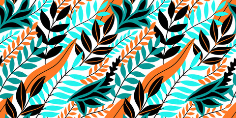 Colorful seamless floral pattern. Stylish summer background with bright tropical leaves.