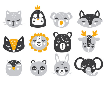 Scandinavian animals with close eyes in black and white colors. Fox, koala, bear, elephant, cat, lion, owl, panda. Baby illustration. Vector print.