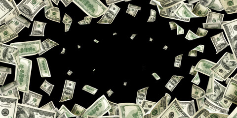 Us dollar. American money, falling cash. Flying hundred dollars isolated on black background.