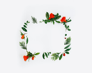 flower arrangement in a square. a pattern of red and orange flowers on a white background. Flatly, the concept of summer or spring, text frame